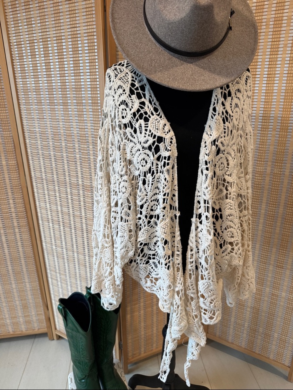 Three Bird Nest Cream Crochet Open Knit Shawl Cardigan